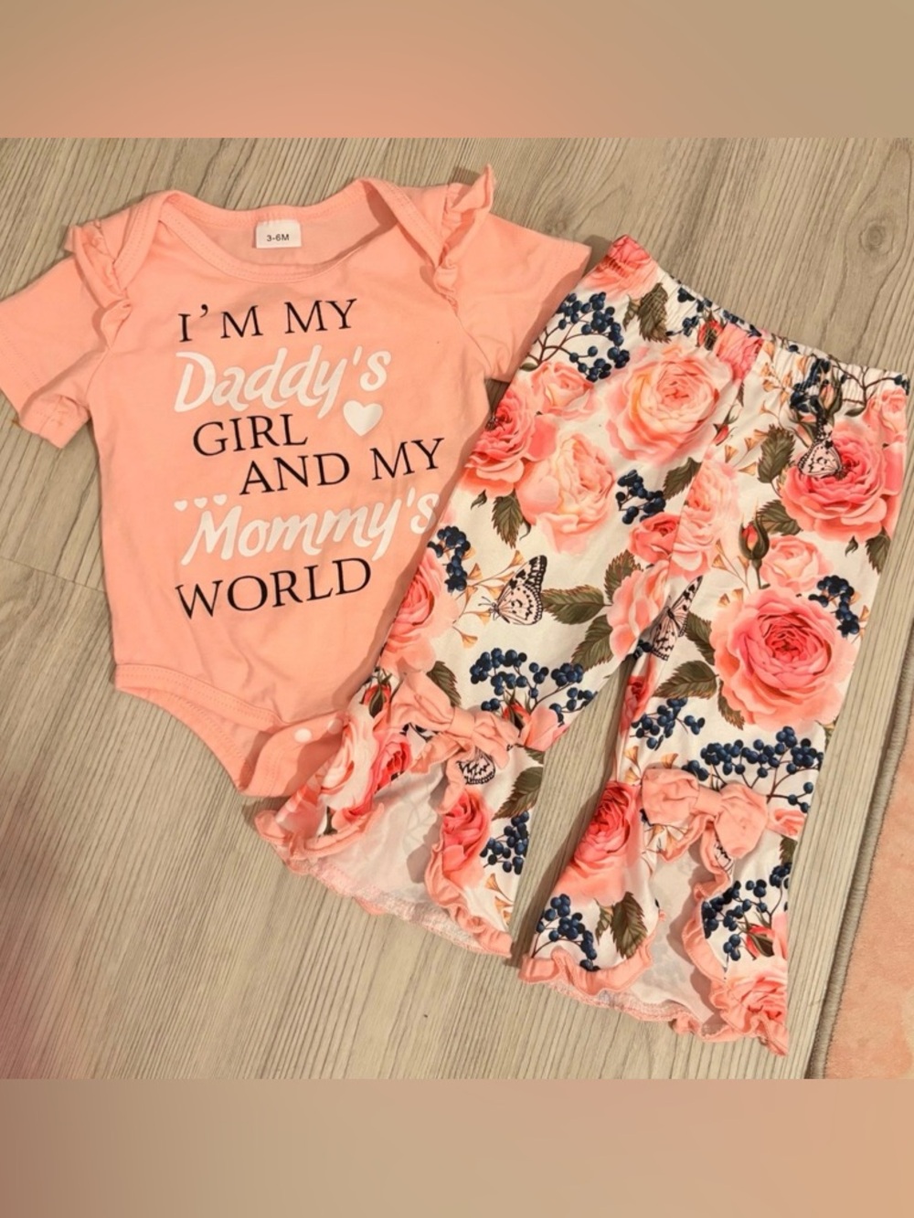 Peach Floral Ruffle Bodysuit & Floral Pants